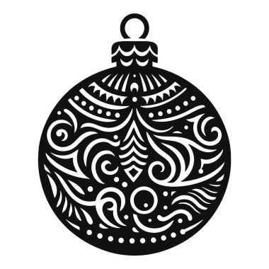 Noel süsü top silueti, girdap desenli, siyah vektör, bayram süslemesi için.