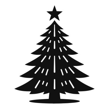 En üstteki siyah vektörde yıldızlı şık bir Noel ağacı silüeti.