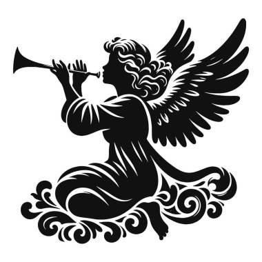 Noel meleği trompet üflüyor. Dini tasarım için siyah vektör.