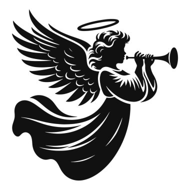 Noel meleği trompet üflüyor. Ruhani bayram dekoru ve dini mevsimlik sanat eserleri için siyah vektör.