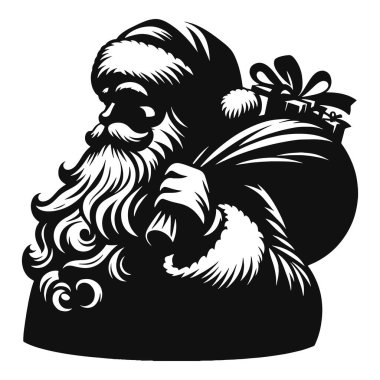 Noel Baba hediye çantası silueti ile klasik Noel karakteri ve bayram kölesi için siyah vektör.