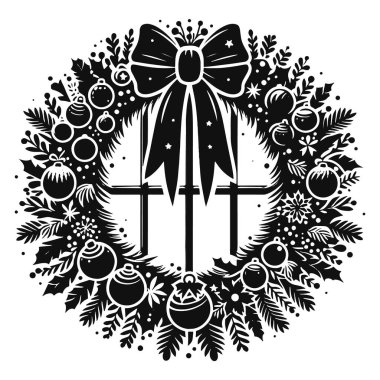 Noel dekorasyonu için ön kapının süs çelengi silueti siyah vektör