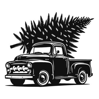 Çam ağacı silueti olan klasik Noel kamyonu. Çiftlik dekorasyonu ve tatil tasarımı için siyah vektör.