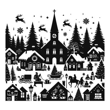 Ağaçlarla kaplı basit bir Noel köyü silueti ve şenlik tasarımı için siyah taşıyıcı.