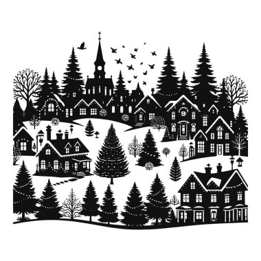 Noel köyünün silueti ağaçlarla kaplı ve tatil süslemeleri için siyah vektörler barındırıyor