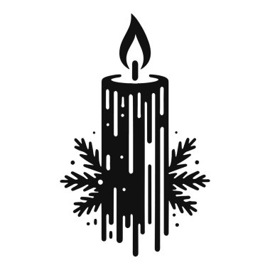 Alevli ve damlayan balmumu renkli basit bir Noel mumu silüeti. Festival tasarımı için siyah vektör.