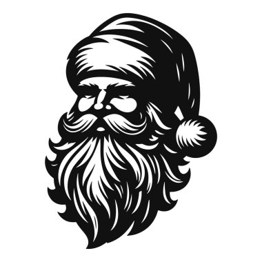 Noel Baba şapkalı ve sakallı bir siluete bakıyor. Tatil süslemesi için siyah vektör.