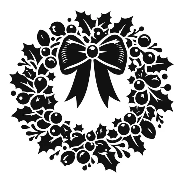 Böğürtlenli sade Noel çelengi silueti ve bayram tasarımı için siyah yay.