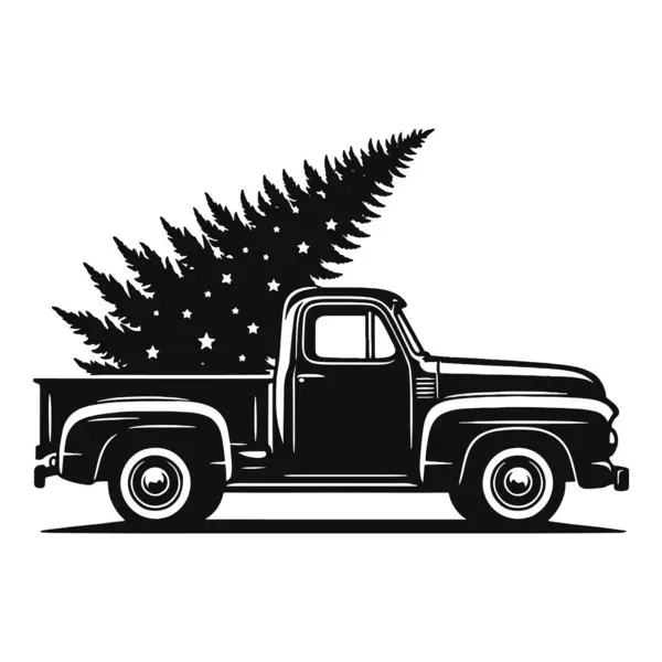 Noel süslemesi için çam ağacı silueti siyah vektörlü klasik Noel kamyonu