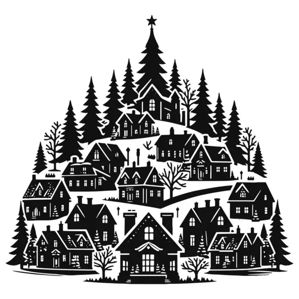 Noel köyü silueti ağaçlar ve evlerle kaplı. Sıcak kış sahneleri ve şenlikli mevsimlik sanat eserleri için siyah taşıyıcı.