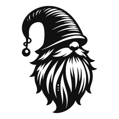 Uzun sakallı Noel cücesi silueti ve bayram dekorasyonu ve kış tasarımı için siyah şapka vektörü.