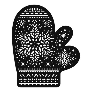 Kar tanesi desenli Noel eldiveni silueti. Bayram kıyafetleri ve kış tasarımı için siyah vektör.