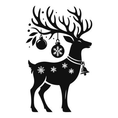 Noel geyiği silueti, Noel süsü ve mevsimsel tasarım için çan yakalı siyah vektör.