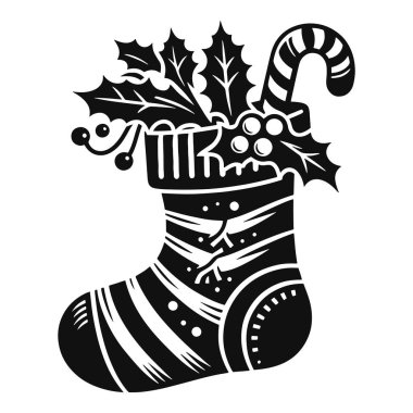 Şenlik tasarımı için basit Noel çorap silueti, şeker kamışları ve kutsal siyah vektör.