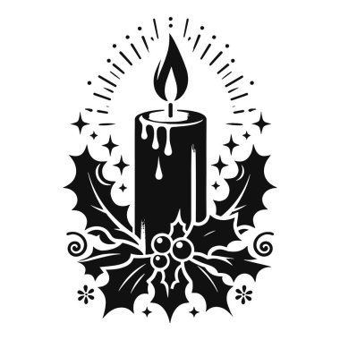 Noel süslemesi için alevli şık bir Noel mumu silueti ve kutsal siyah bir vektör.