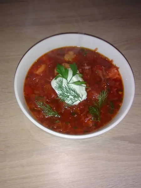 Tomato Soup Sour Cream Parsley — Stock Photo, Image