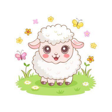 Meadow 'da Çiçekli ve Kelebekli Şirin Çizgi Film Kuzusu