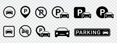 Siyah olarak park yeri, nokta ve araba park yeri simgeleri.