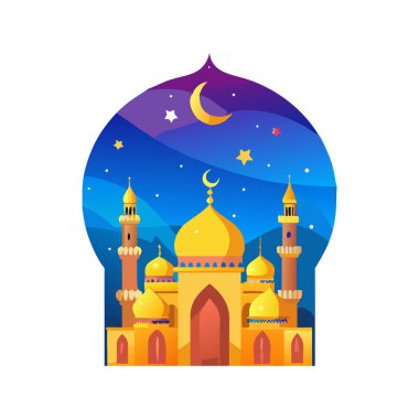 Hilal Ay ve Yıldızlı Gece Gökyüzü Resimli Renkli Cami