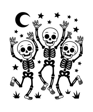 Yıldızlarla Dans Eden İskeletler ve Cadılar Bayramı İllüstrasyonu