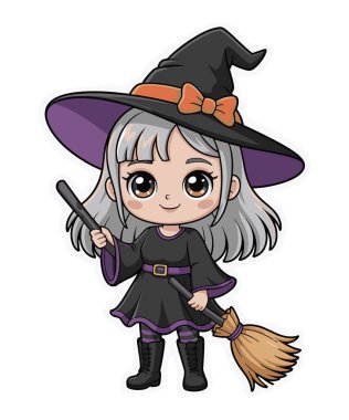 Süpürge ve sihirli değnekli Chibi Cadısı Kız