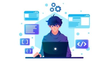 Programmer animated flat design concept. Great for business, technology, education, communication, startup and company around the World. Programmer illustration animation footage motion graphic.