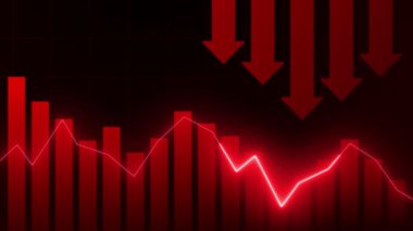 Düşen okları gösteren kırmızı mali tablo, ekonomik gerilemeyi ve pazar kaybını simgeliyor.