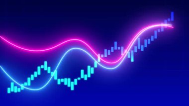 Parlak pembe ve mavi çizgileri olan neon finans tablosu yükselen pazar eğilimlerini gösteriyor.