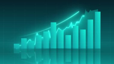 Teal finansal grafiği çubuklarla ve parlayan çizgiyle sürekli yükselen bir eğilim gösteriyor.