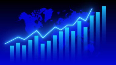 Küresel finansal büyümeyi sembolize eden mavi dünya haritasına karşı yükselen çubuk ve çizgi grafiği.