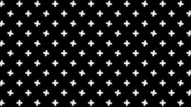Eşit aralıklı beyaz artı işaretli siyah arkaplan, kusursuz döngü animasyonu, modern tasarımlar için mükemmel.
