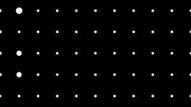 Çağdaş tasarımlar için kusursuz döngü animasyonu, ızgara deseninde düzenlenmiş beyaz dairesel noktalı siyah arkaplan.