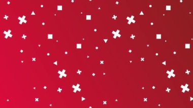 Dağılmış beyaz geometrik şekillere sahip kırmızı gradyan arka plan, modern dijital tasarım için kusursuz döngü animasyonu.