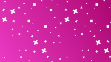 Pembe gradyan arkaplan, dağınık beyaz geometrik şekiller, modern dijital tasarım için kusursuz döngü animasyonu.