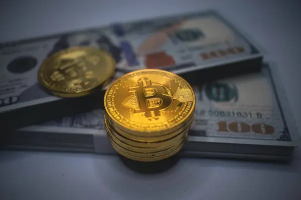Amerikan dolarlarının önüne istiflenmiş altın Bitcoin paraları, kripto para biriminin ve modern ekonomideki geleneksel finansal varlıkların entegrasyonunu sembolize ediyor..