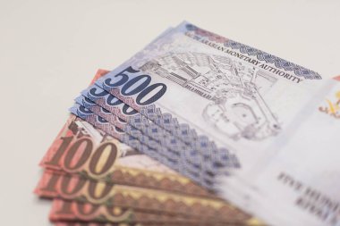 Suudi Arabistan 'ın para, finans ve uluslararası ekonomik işlemlerini temsil eden mavi ve kırmızı Suudi Riyal banknotları bir araya toplandı.