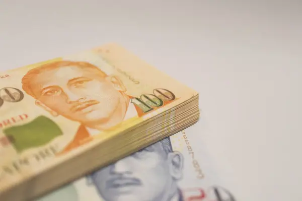 Singapur 'da para, finans ve ekonomik işlemleri temsil eden turuncu ve mavi Singapur dolar banknotları.