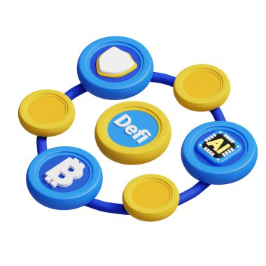 Merkezi olmayan Finans DeFi 3D simge grafikleri çizimi. İş, teknoloji, şirket, web siteleri, uygulamalar, eğitim, pazarlama ve tanıtım için ideal.