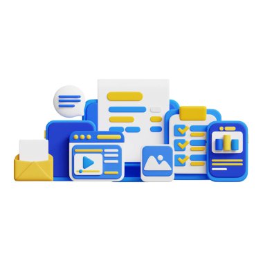 İçerik Pazarlama 3 boyutlu ikon grafik illüstrasyonu. İş, teknoloji, şirket, web siteleri, uygulamalar, eğitim, pazarlama ve tanıtım için ideal.