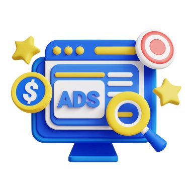 PPC Pazarlama 3D simge grafik illüstrasyonu. İş, teknoloji, şirket, web siteleri, uygulamalar, eğitim, pazarlama ve tanıtım için ideal.