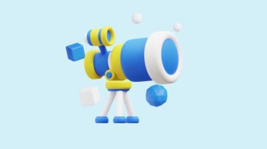 Teleskop 3D animasyon simgesini görüntüler. İş, teknoloji, şirket, web siteleri, uygulamalar, eğitim, pazarlama ve promosyon için harika. Kütüphane 3d simge canlandırması.