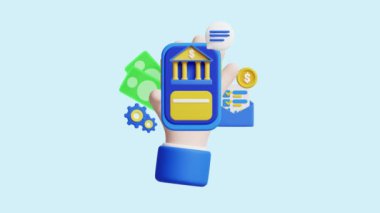 Mobil Bankacılık 3D Animasyon Kavramı. Şirketler, teknoloji, şirketler, web siteleri, uygulamalar, eğitim, pazarlama ve tanıtım için idealdir. Finansal Ekonomik 3D animasyon.
