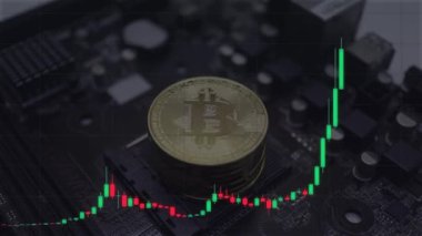 Bitcoin parası ve şamdan alım satım şeması olan karanlık bir arka plan. Kripto para birimi fiyat eğilimleri, piyasa dengesizliği ve dijital finans için ideal.