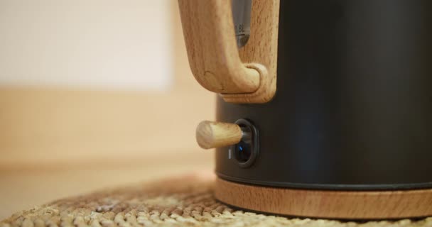 Вмикання Електричного Чайника Людською Рукою Обладнання Домашньої Кухні Бітові Кадри — стокове відео