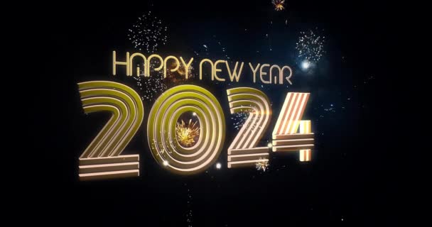 Happy New Year Ear 2024 Gold Metal Text Fireworks Background — 图库视频影像
