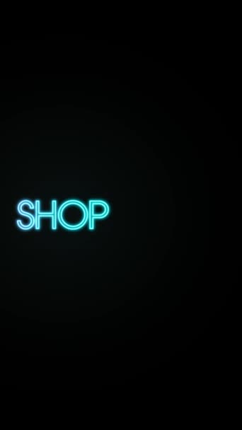 Handla Öppen Blinkande Färgglada Neon Text Banner Svart Bakgrund Vertikalt — Stockvideo