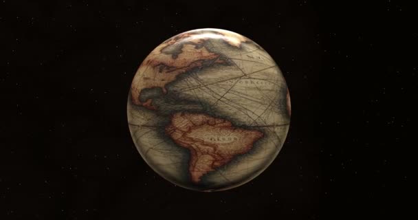 回転する地球上の古代世界のヴィンテージマップ 暗い背景にある星 グラフィックアニメーション4K — ストック動画