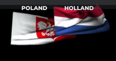 Euro 2024 Holland, Polonya 'ya karşı video pankartı, ön ve arka planda ulusal bayrakları sallayan yüksek kaliteli animasyon, metin: 124; 4k