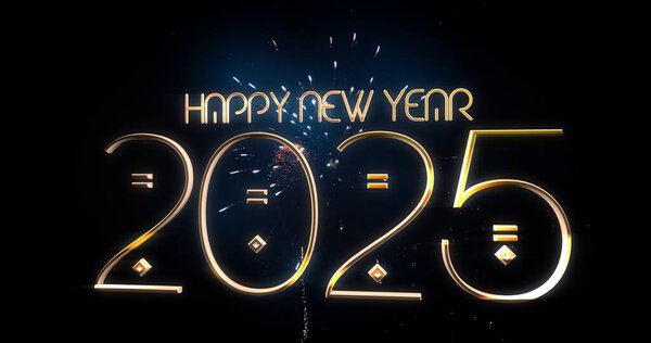 2025 Happy New Year  Golden Text Banner With Stunning Real Fireworks in the Background in blue tone