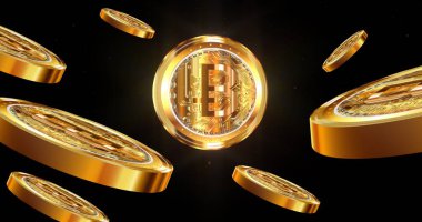 Gold Bitcoin Coins Levitating in Dark Space clipart